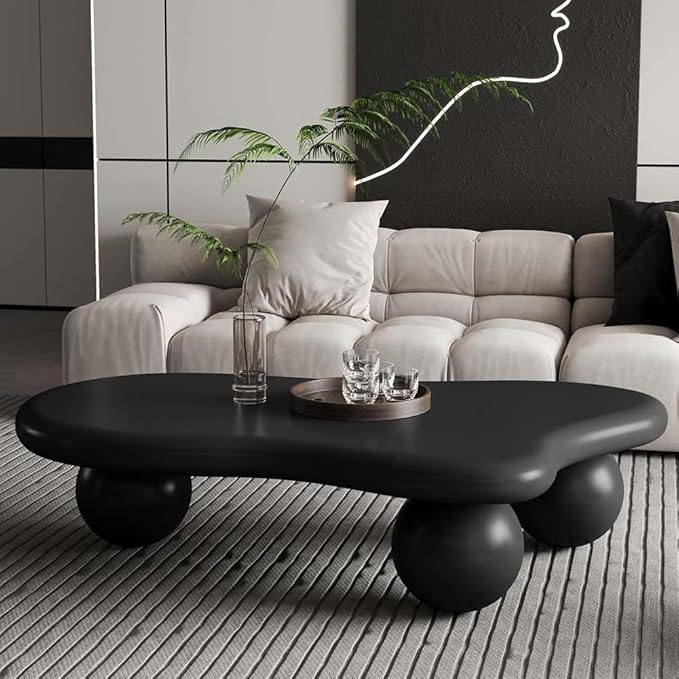 Living Room Furniture SPMETUYO 47" Cloud Coffee Table for Living Room Irregular Coffee Table Modern Low Coffee Tables Abstract Faux Stone Cute Center Table with 3 Ball Legs for Small Space Apartment Black