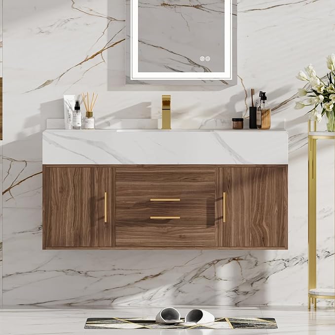 Kitchen Furniture homary homary 39.4" Bathroom Vanity with Sink-Modern Bathroom Floating Vanity with Sintered Stone Countertop and 2 Drawers 2 Storage Cabinets, Undercounter Cerami