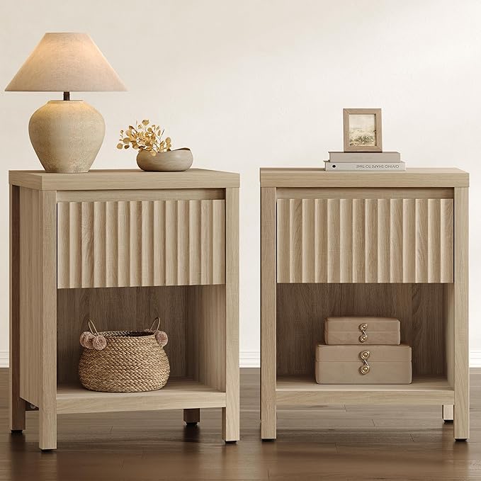 Bedroom Furniture SICOTAS SICOTAS Fluted Night Stand Set of 2, Farmhouse Nightstands with Drawer, Boho Bedside Table with Storage Shelf, Large End Tables Bed Side Tables for Bedroom, Light Oak
