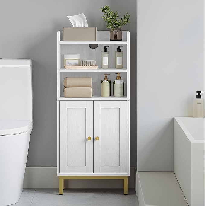 Bathroom Furniture Hzuaneri Bathroom Storage Cabinet, Small Floor Cabinet with 2 Door and Shelves, Toilet Paper Cabinets, Bathroom Organizer with Adjustable Shelf, for Small Spaces