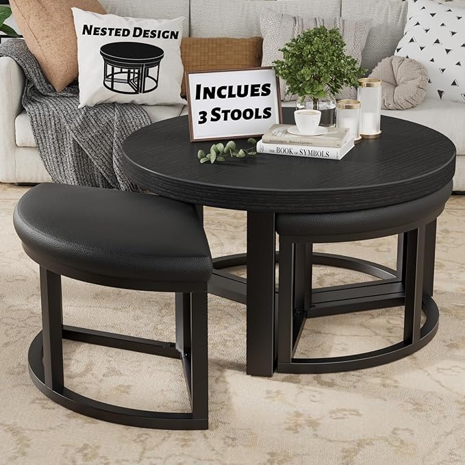 Living Room Furniture IGERI Round Coffee Table with Stools Underneath - 30 Inch Small Modern Tables Set with 3 Chairs Ottomans Seating Seats Black Wood