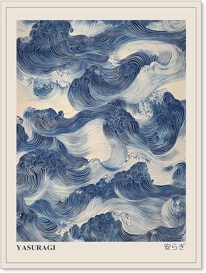 Living Room Decor rumlud Japanese Blue Waves Wall Art Vintage Oriental Japandi Wabi Sabi Poster Abstract Giant Waves Canvas Prints for Minimalist Living Room Wall Decor 12X16 inch 