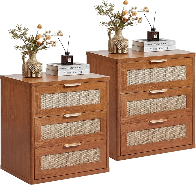 Bedroom Furniture LEYAOYAO LEYAOYAO Rattan Night Stand with Drawers, 23" Large 3 Drawer Boho Nightstand, Natural Wood Bedside Table Storage Cabinet, Bed Side End Tables Dresser for Bedroom, Living Room, Hallway, Closet