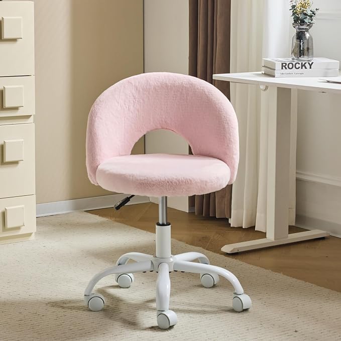Bedroom Furniture VINGLI VINGLI Small Vanity Chair with Faux Fur Wheels for Girls,Cute Adjustable Height Armless Office Desk Chair,360°Swivel Comfy Rolling for Study,Make up Room,S