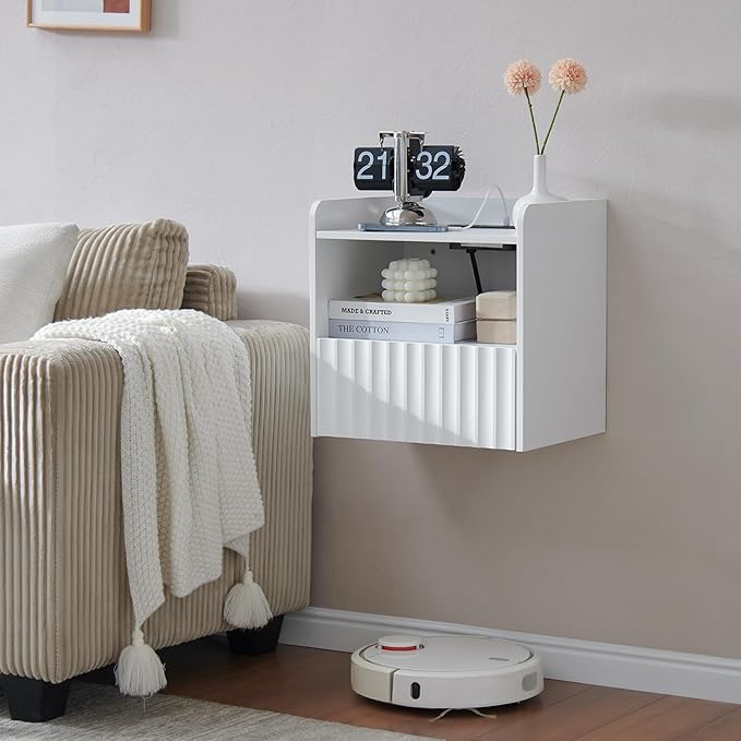Bedroom Furniture BuildHom Modern Fluted Floating Nightstand Wall Mounted - Bedside Table with Storage Drawer & Display Shelf, Minimalist Bedroom Furniture for Studio Apartments (M