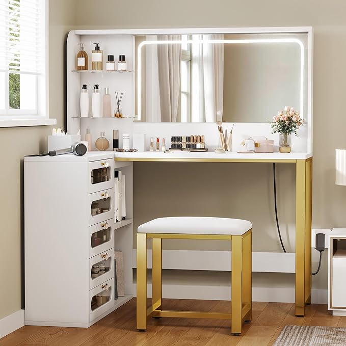 Bedroom Furniture DWVO DWVO Vanity Desk with LED Lighted Mirror and 3 Lighting Modes, L-Shaped Corner Vanity Table, 48" Large Dressing Table with 5 Tempered Glass Drawers with Open