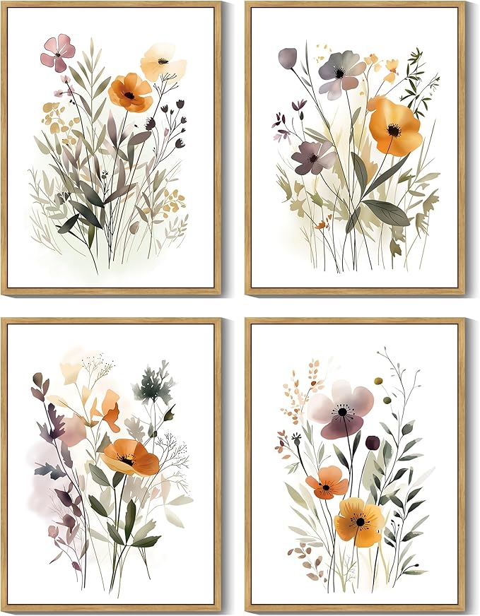 Kitchen Decor Drsoum Drsoum Wildflower Bouquet Boho Framed Wall Art Wooded Minimalist Aesthetic Botanical Flower Prints Modern Plants Bathroom Kitchen Home Decor Ready to Hang 11x1