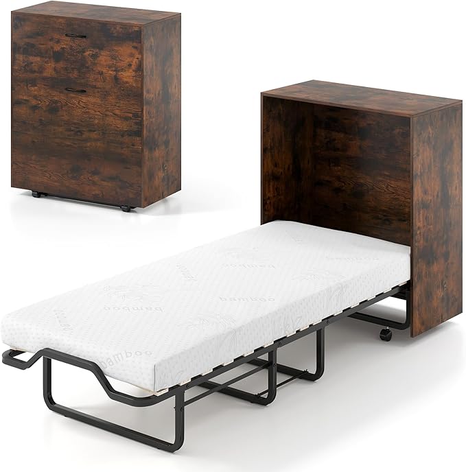 Kitchen Furniture Giantex Giantex Murphy Bed Cabinet with Mattress Included, 74" x 31" Cot Size Fold Out Bed with Storage & Lockable Wheels, Metal Frame, 2 in 1 Roll Away Bed with 