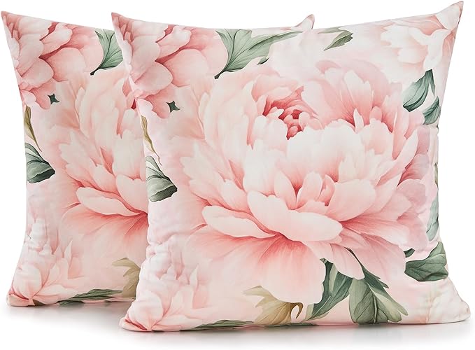 Living Room Decor WEPTIV Pink Peony Floral Throw Pillow Covers 18x18 Set of 2, Soft Velvet Decorative Cushion Cases, Shabby Chic Farmhouse Home Decor for Sofa Couch Bed