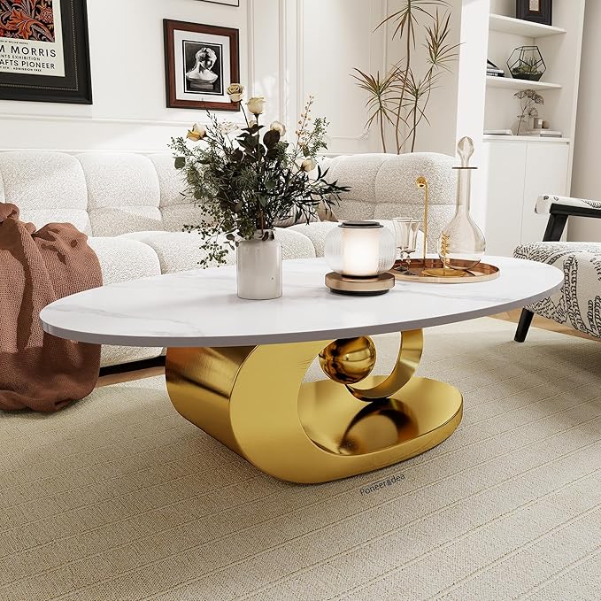 Living Room Furniture poneeridea Gold Oval Marble Coffee Table 49.2",with Sculptural Stainless Steel Base Stone Coffee Table