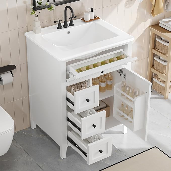 Kitchen Furniture Linique Linique 24" Bathroom Vanity with Sink Combo Set, Solid Wood Frame Bathroom Storage Cabinet with 3 Drawers and a Tip-Out Drawer, Adjustable Shelves, Soft C