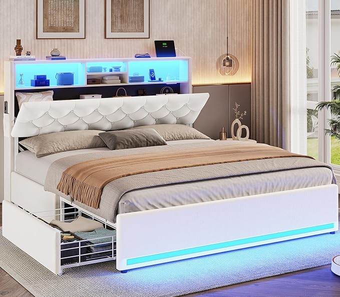 Bedroom Furniture BTHFST BTHFST Full Size Bed Frame with 4 Drawers & Storage Headboard, LED Bed Frame Full with Charging Station, Velvet Upholstered Bed with Metal Slats, No Box Sp