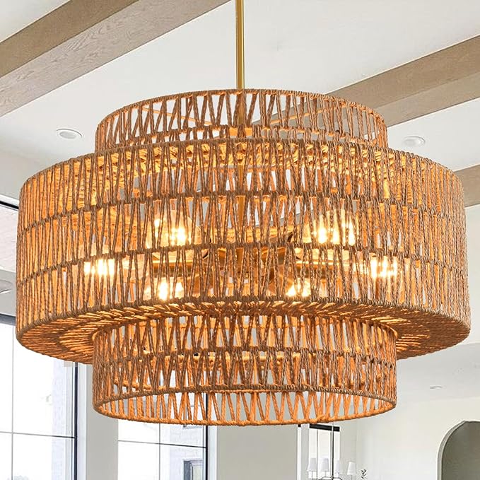 Kitchen Decor szcflaghip Boho Rattan Chandelier, 6-Light Dining Room Light Fixture,23.62" Wicker Pendant Lighting with3-Tier Woven Lampshade, Large Farmhouse Chandeliers for Kitchen