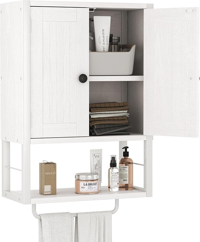 Bathroom Furniture Homeiju Homeiju Rustic Wall Mounted Medicine Cabinet, White Wood Storage Cabinet with Two Barn Doors, Shelf and Towel Bar for Bathroom, Living Room, Kitchen, White