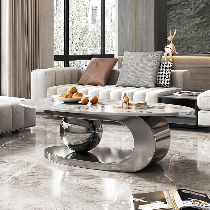 Living Room Furniture YiaFurio Modern Coffee Table with Silver Stainless Steel Pedestal,Oval Living Room Table with Faux Marble Top & Luxury Legs,Sintered Stone Cocktail Center Table,51.20inch