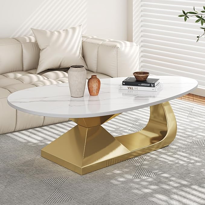 Living Room Furniture YiaFurio Marble Grain Coffee Table with Gold Stainless Steel Pedestal,Modern Coffee Tables,Oval Living Room Table with Faux Marble Top & Luxury Legs,Sintered Stone Cocktail Center