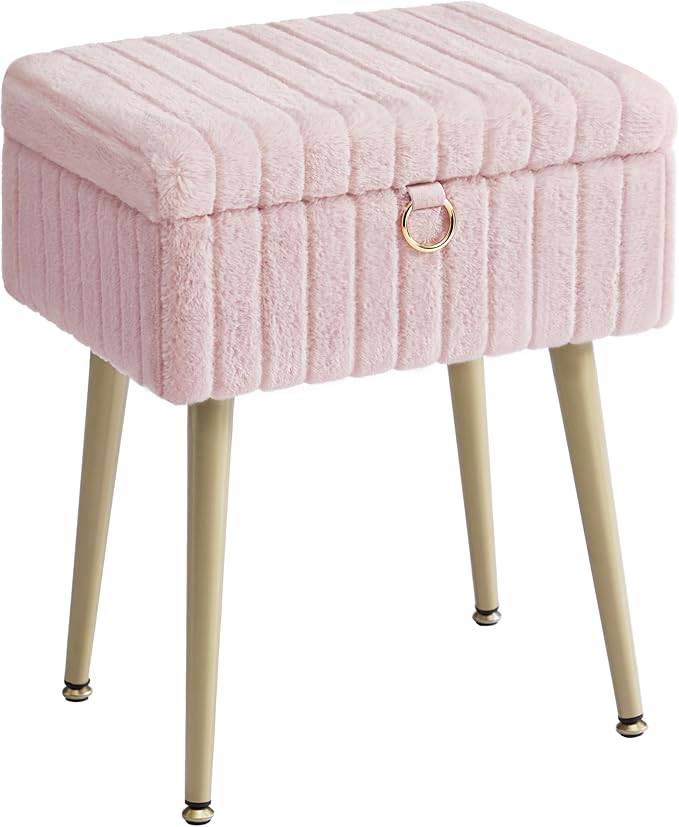 Bedroom Furniture SONGMICS Vanity Stool Chair with Storage, Makeup Stool, Footrest Footstool Ottoman, Metal Legs, Adjustable Feet, for Living Room, Bedroom, Makeup Room, Jelly Pink