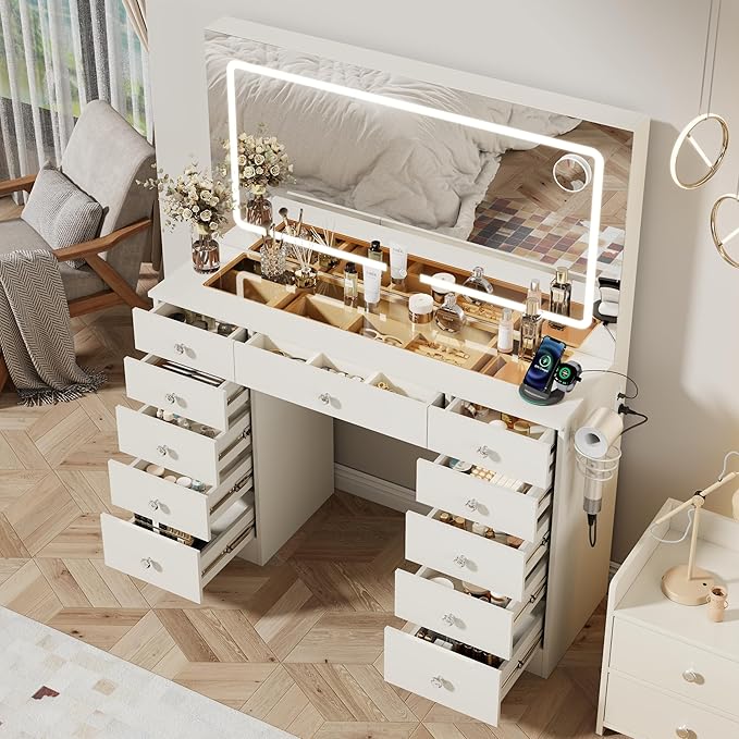 Bedroom Furniture Otterease White Makeup Vanity, 11 Drawers Vanity Mirror with Lights, Makeup Vanity Desk with 3 Lighting Modes Adjustable Brightness, Vanity with Glass Top for Bed