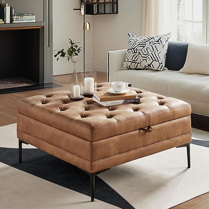Living Room Furniture HULALA HOME Faux Leather Coffee Table, 36.5" Square Storage Ottoman with Metal Legs, Button-Tufted Coffee Table with Storage for Living Room, Camel