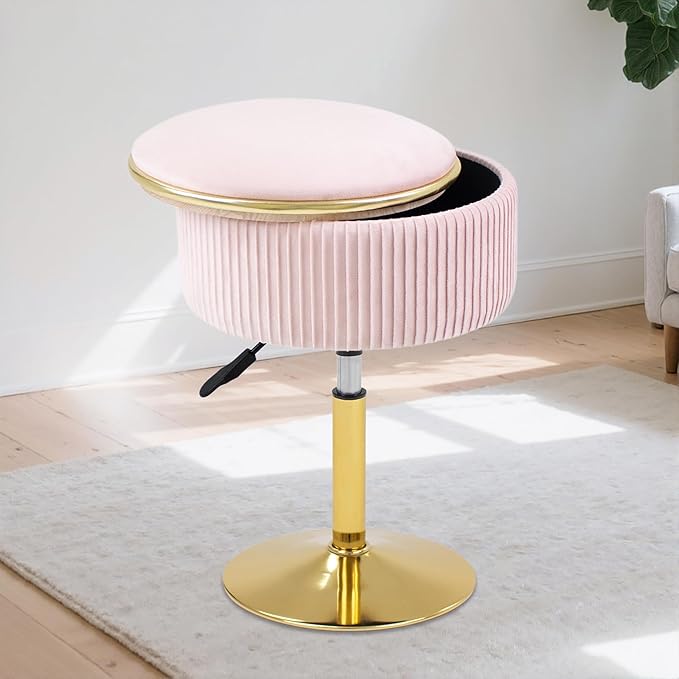 Bedroom Furniture MRITWAII Adjustable Vanity Stool with Storage, 360° Swivel Makeup Stool Chair Small Velvet Round Ottoman with Gold Base for Bedroom, Pink