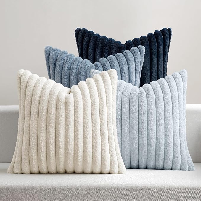 Bedroom Decor MIULEE MIULEE Faux Fur Plush Decorative Throw Pillow Covers 18x18 Set of 4, Summer Modern Soft Fuzzy Coastal Striped Cushion Covers for Sofa Couch Bed Living Room Cozy Home Decor,Navy Blue