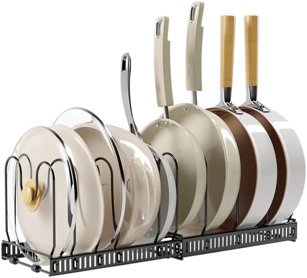 Kitchen Organisation WUETOAYA Expandable Pots and Pans Organizer Rack, Pot Lid Kitchen Cabinet Organizer Holder with 10 Adjustable Compartment, Cookware Rack for Kitchen Cabinet St