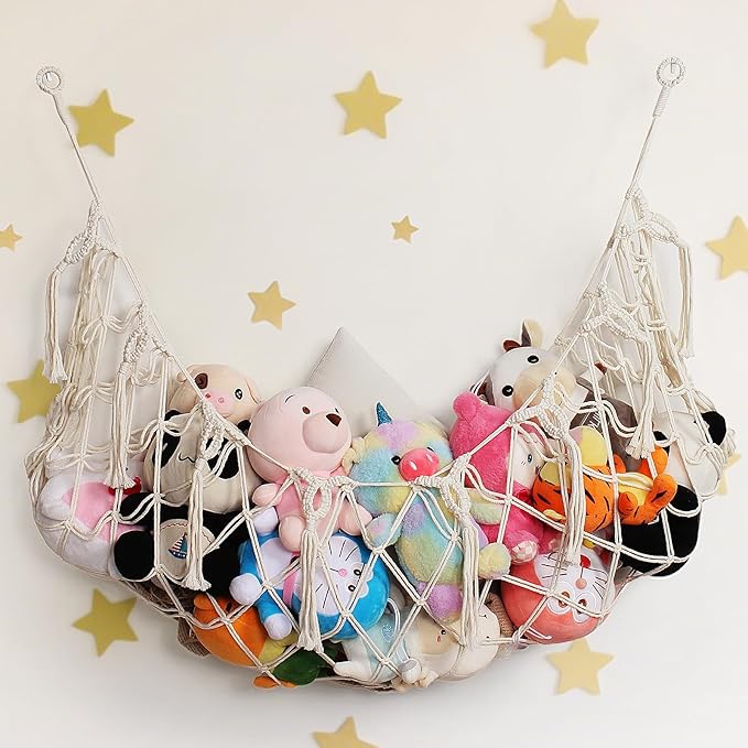 Bedroom Storage Aufee Stuffed Animal Decor Storage Macrame Hammock, Plushie Corner Hanging Organizer for Wall Room Decor Aesthetic, Display Stuffed Animals Decoration Storage Net for Home Decor