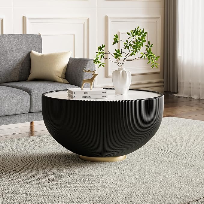 Living Room Furniture Nimaolt 27.55" Round Coffee Table,Modern Fluted Coffee Table with White Sintered Stone Top & Black PU Leather Covered & Gold Metal Base,Luxury Bucket Coffee C