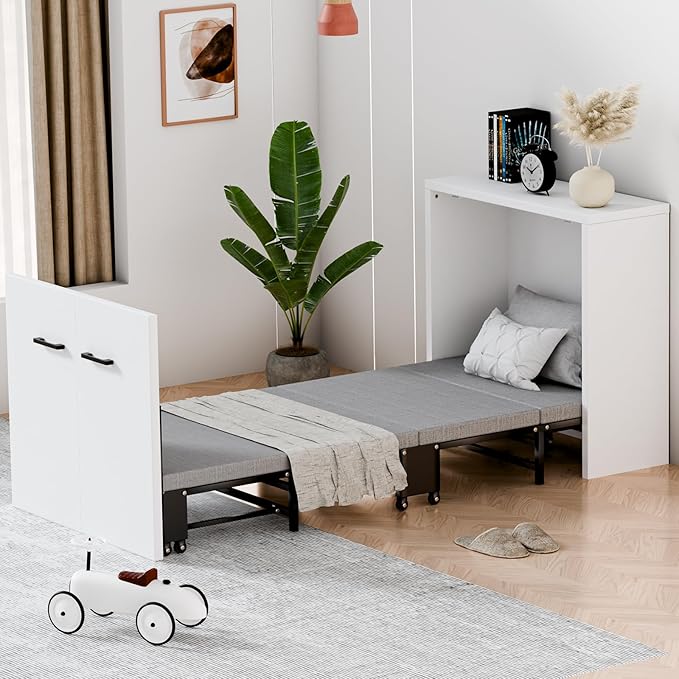 Kitchen Furniture NAIZEA NAIZEA Murphy Bed w/Mattress, Foldable Murphy Bed Cabinet, 75" x 29" Cot Size Fold Out Beds for Guest Bedroom, Living Room, Office, Easy Pull Out and Folding