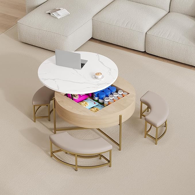 Living Room Furniture Merax Merax Modern Round Lift-Top Coffee Table with Hidden Storage & 3 Ottoman, White + Natural