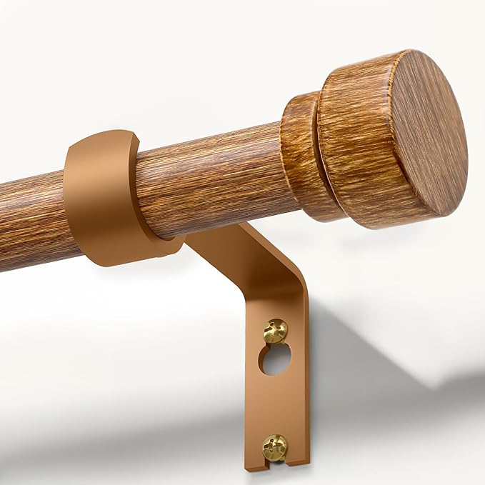 Bedroom Furniture Lootkell Wood Curtain Rods for Windows 66 to 120 Inches 1" Diameter Boho Decorative Heavy Duty Long Window Curtain Rod Adjustable with Handmade Wood Grain Design 