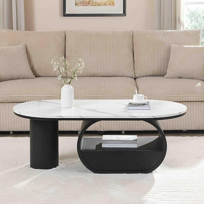 Living Room Furniture KUVADAZ Luxury Oval Coffee Table, 47.24" Modern Oval Decorative Coffee Center Table with White Faux Marble Top and Black Metal Base and 1 Drawer, Cocktail Tea Table for Living