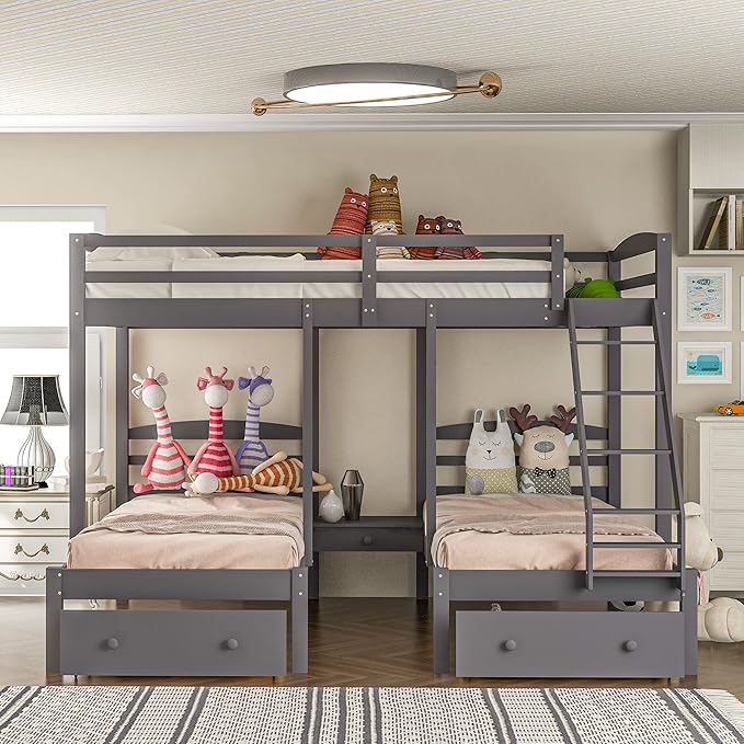 Kitchen Furniture Merax Merax Triple Bunk Bed for Kids,Full Over Twin & Twin Bunk Beds, Solid Wood Triple Bunk Bed Frame with Drawers and Staircase, Gray
