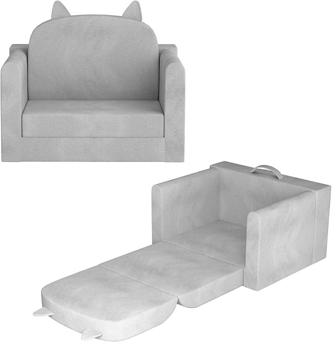 Living Room Furniture ORWIPO Kids Sofa Bed with Removable Washable Cover & Backrest – Foldable Toddler Chair, Cozy Crystal Velvet Furniture for Playtime, Naps & Travel (Gray, Bear 