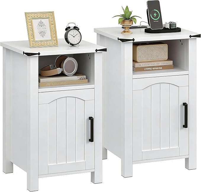 Bedroom Furniture Decofy Farmhouse Nightstand with Charging Station, Set of 2 End Table with USB/Type-C Ports and Power Outlets, Rustic Bedside Table with Large Storage and Open Sh