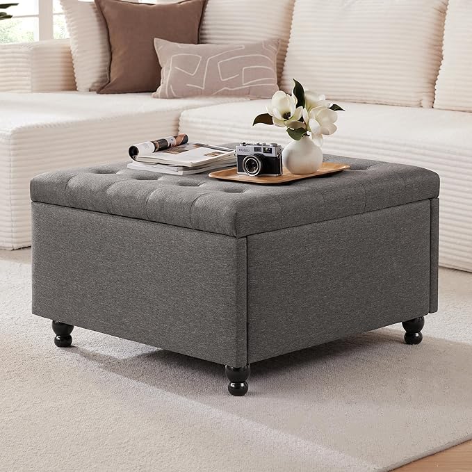 Living Room Furniture Weture 30 Inch Large Square Storage Ottoman Coffee Table, Oversized Square Ottoman with Storage, Tufted Upholstered Coffee Tables for Living Room (Fabric, Dark Grey)