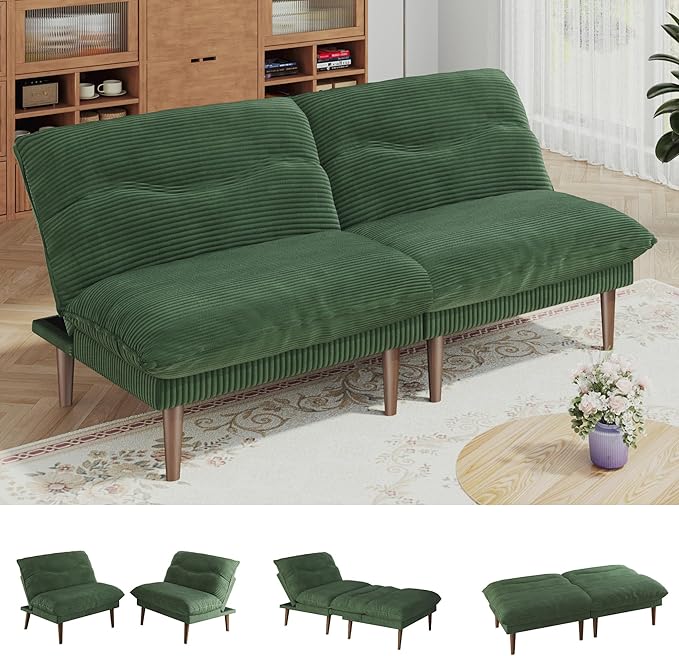 Living Room Furniture DreamDashio Futon Sofa Bed, 4 in 1 Multi-Functional Futon Couch with Adjustable Backrest, 75 inch Convertible Sleeper Sofa Bed and Recliner Lounge, Corduroy Loveseat for Living Room, Apartment, Green