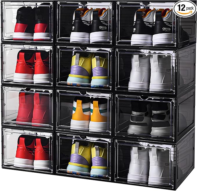 Bathroom Storage Yukui LLc Large Black Shoe Storage Boxes Stackable, 12 Pack Hard Plastic Shoe Storage Organizer with Magnetic Door, Shoe Container Sneaker Storage Display Case Fit