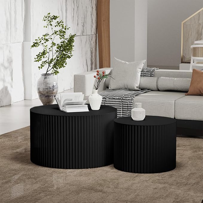 Living Room Furniture LOVEHOUGES Round Nesting Coffee Table Set of 2 Circle Wooden Coffee Tables Modern Luxury Side Tables Fluted Nesting Tables for Living Room Apartment, No Assem