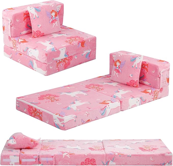 Living Room Furniture MeMoreCool MeMoreCool Foldable Futon Chair Bed for Kids, Glow Tri-fold Sofa Bed Convertible Toddler Sofa Mattress, Foam Floor Couch for Sitting, Pink