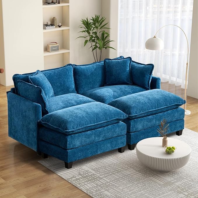 Kitchen Furniture SoarTalent 76.7” Modular Sectional Sofa L-Shaped Convertible Couches, 2 Seater Chenille Deep Seat Sleeper Cloud Couch with Pillows and 2 Ottomans for Living Room,