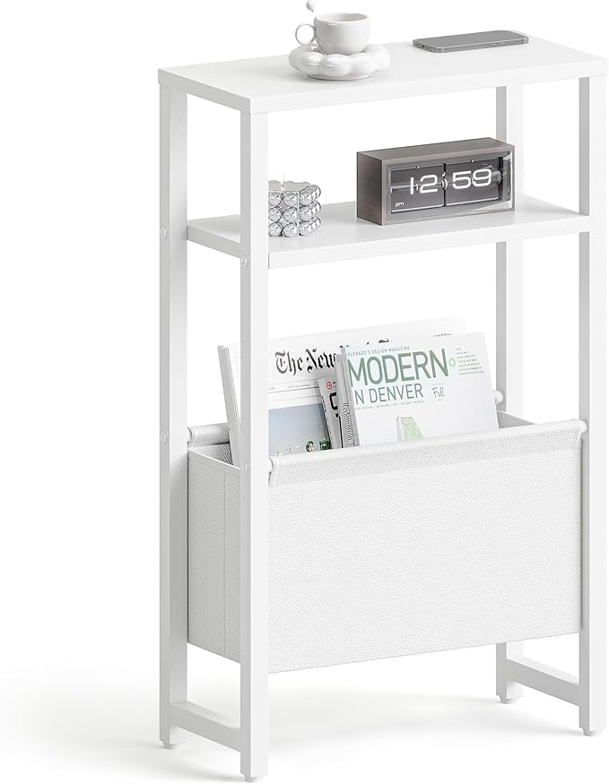 Bedroom Furniture IRCPEN Narrow Side Table, Slim End Table with Magazine Rack, Bedside Table for Small Spaces, 3 Tier Sofa Couch Table Nightstand for Living Room, Bedroom, White LE