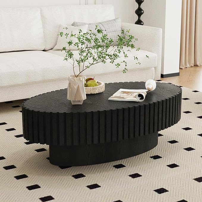 Living Room Furniture SOUWOFS 43.3" Oval Drum Coffee Table Handcraft Fluted Coffee Table Modern Luxury Wood Center Table with Sturdy Pedestal Rustic Farmhouse Tea Table End Table f