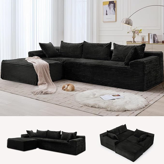 Living Room Furniture Korser 110" L-Shaped Modular Sectional Sofa with Chaise, Boneless Comfy Corduroy Fluffy Couch with Deep Seat and Side Pockets, Flexible Module Combination for