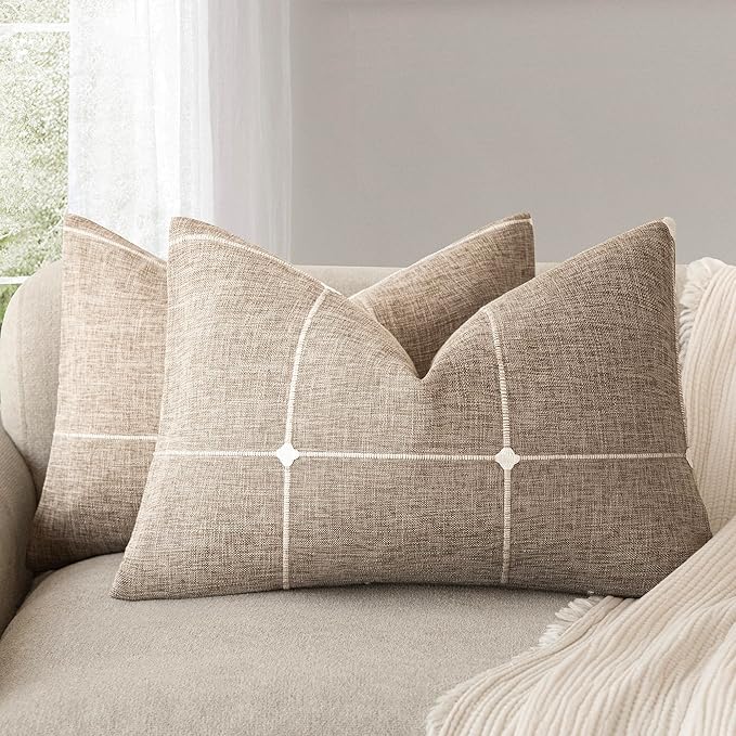 Living Room Decor Foindtower Pack of 2 Decorative Faux Linen Jacquard Check Throw Pillow Covers Farmhouse Lumbar Cushion Cover with Grid Textured Accent