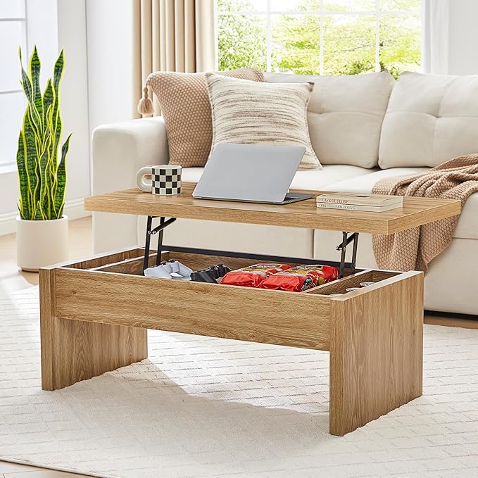 Living Room Furniture QHITTY Small Lift Top Coffee Table, Wood Rectangle Coffee Table with Lifting Top and Hidden Storage Compartment, Mid Century Modern Center Tables for Small Sp