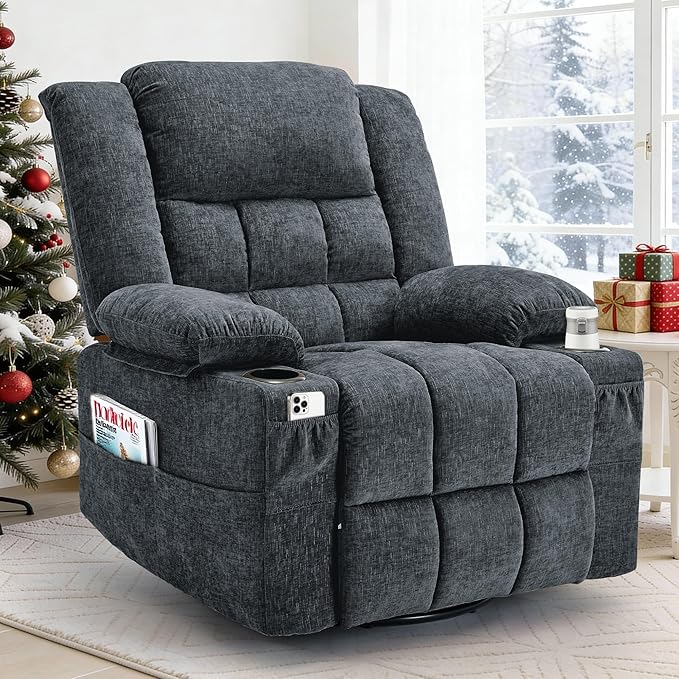 Living Room Furniture Korser 360° Swivel Rocker Recliner for Adults, Nursery Glider Recliner with Massage and Heating, Rocking Chair with Cup Holder, Manual Recliner Chair for Livi