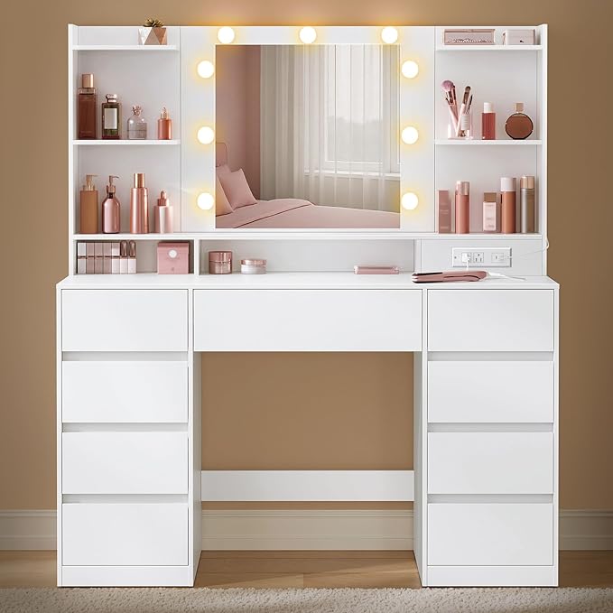 Bedroom Furniture VASAGLE VASAGLE Kailyn Collection - Vanity Desk with Mirror and 9 LED Bulbs, Vanity Makeup Table with Power Outlets, Dressing Table with 9 Drawers, for Bedroom, C