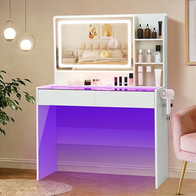 Bedroom Furniture Cielozen Vanity Desk,Makeup Vanity Desk with Mirror and Lights,Transparent Top with LED Multiple Color Lights,Mirror 3 Color Modes 2 Drawers,Power Outlet,Dressing