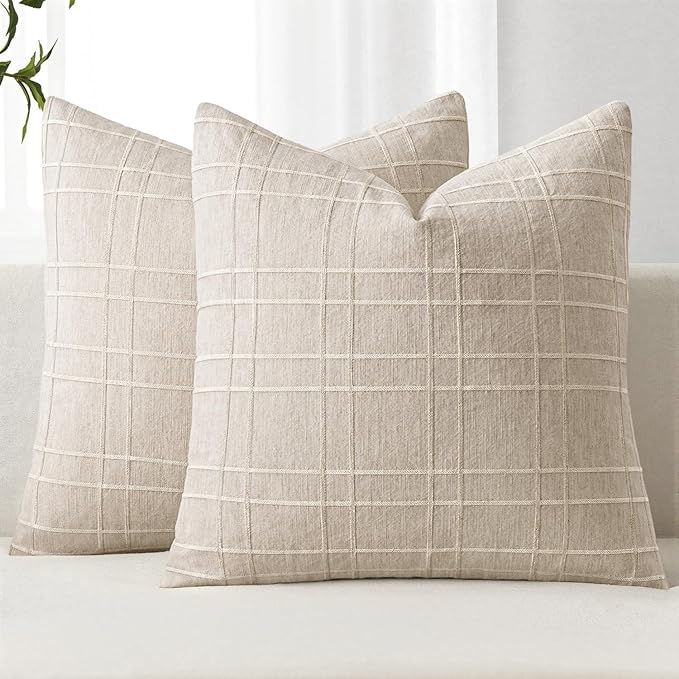 Bedroom Decor MIULEE MIULEE Decorative Linen Check Throw Pillow Covers Neutral Farmhouse Vintage Pillow Covers 20x20 Set of 2 Boho Modern Home Decor for Sofa Couch Bedroom Cushion 